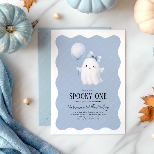 Spooky One 1st Birthday Ghost Blue Balloon Kaart