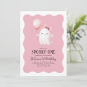 Spooky One 1st Birthday Ghost Pink Balloon Kaart (Staand voorkant)