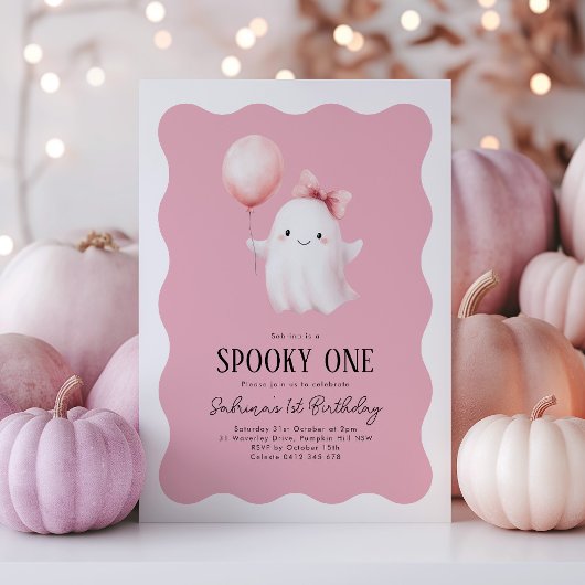 Spooky One 1st Birthday Ghost Pink Balloon Kaart