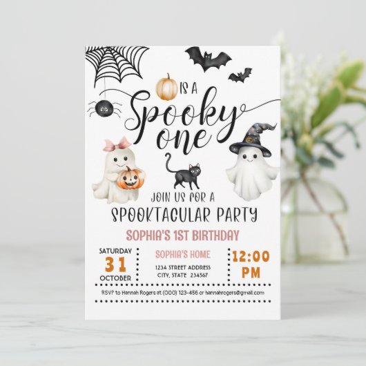 Spooky ONE 1st Birthday Ghosts Roze Uitnodiging (Staand voorkant)