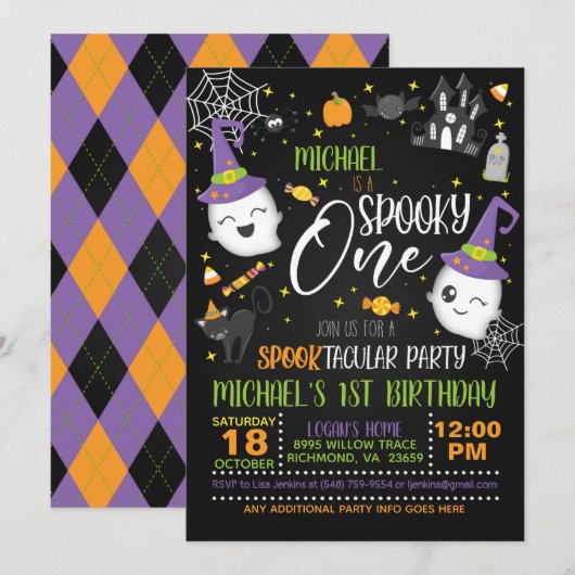 Spooky One Birthday Invitation - Blk Kaart (Voorkant / Achterkant)