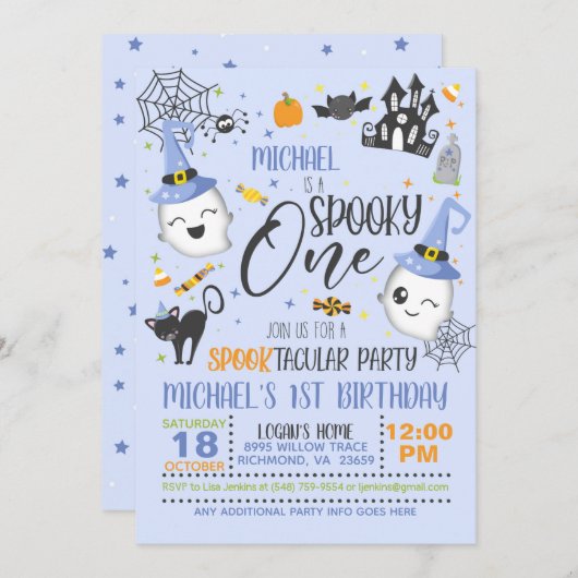 Spooky One Birthday Invitation - Blue Kaart (Voorkant / Achterkant)