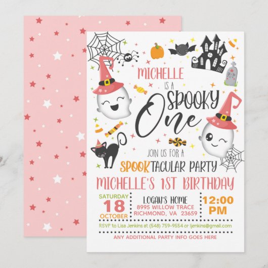 Spooky One Birthday Invitation - Girl White Kaart (Voorkant / Achterkant)