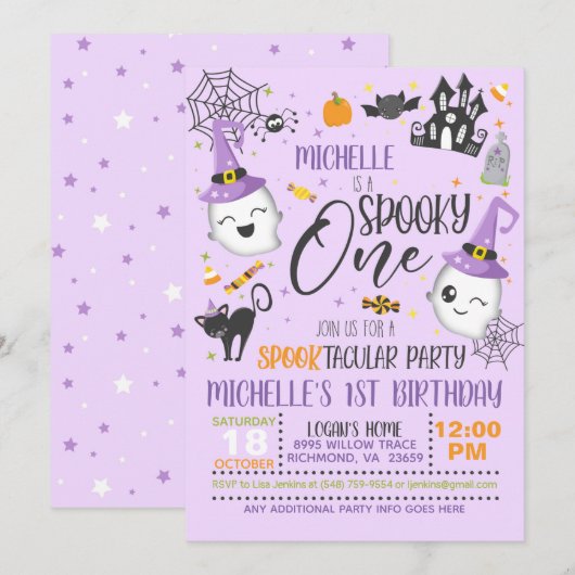 Spooky One Birthday Invitation - Paars Kaart (Voorkant / Achterkant)