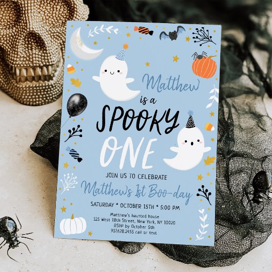 Spooky ONE Blue Ghost Halloween Birthday Kaart