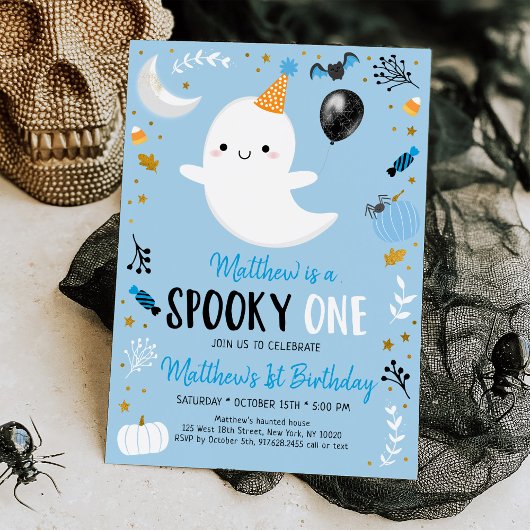 Spooky ONE Blue Ghost Halloween Birthday Kaart