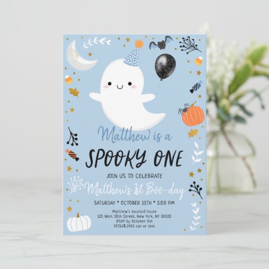 Spooky ONE Blue Ghost Halloween Birthday Kaart (Staand voorkant)