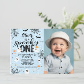 Spooky One Blue Ghost Halloween Invite with Photo Kaart (Staand voorkant)