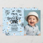 Spooky One Blue Ghost Halloween Invite with Photo Kaart (Voorkant / Achterkant)