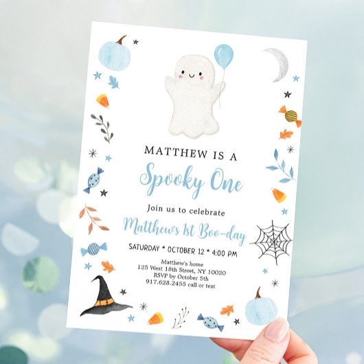 Spooky One Blue Ghost Halloween Verjaardag Kaart