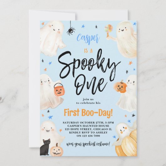 Spooky One Blue Halloween Boy First Birthday Party Kaart (Voorkant)