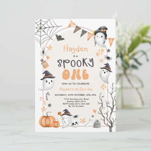 Spooky One Cute Ghost 1st Birthday Party Kaart (Staand voorkant)