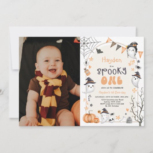 Spooky One Cute Ghost 1st Birthday Photo Invitatio Kaart (Voorkant)