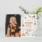 Spooky One Cute Ghost 1st Birthday Photo Invitatio Kaart (Staand voorkant)