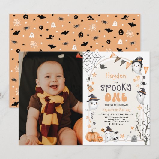 Spooky One Cute Ghost 1st Birthday Photo Invitatio Kaart (Voorkant / Achterkant)
