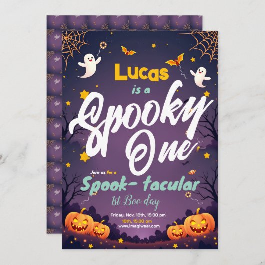 Spooky One First Birthday Invitation Eerste Boeken Save The Date (Voorkant / Achterkant)