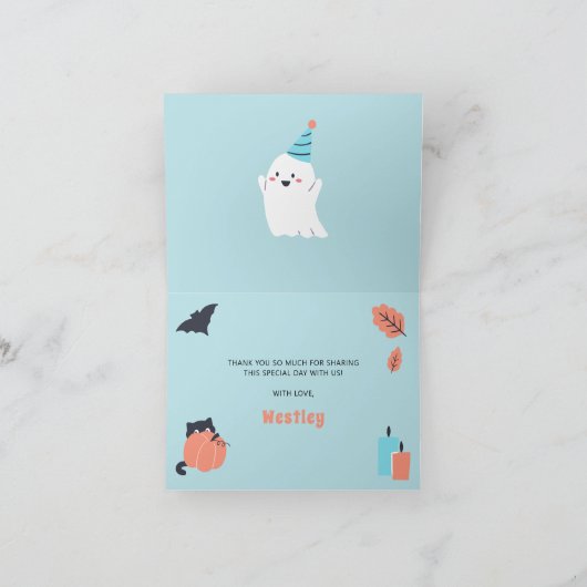 Spooky One Ghost Boy Eerste Verjaardagsfeestje Bedankkaart (Binnen)
