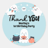 Spooky One Ghost Boy Eerste Verjaardagsfeestje Ronde Sticker (Voorkant)