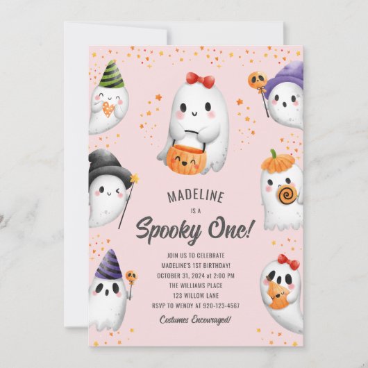 Spooky One Ghost Halloween Girl 1e verjaardagsfees Kaart (Voorkant)