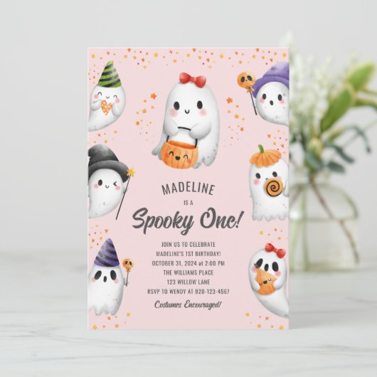 Spooky One Ghost Halloween Girl 1e verjaardagsfees Kaart (Staand voorkant)