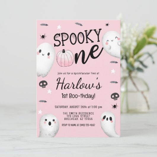 Spooky One Ghost Pastel Roze Halloween Verjaardag Kaart (Staand voorkant)