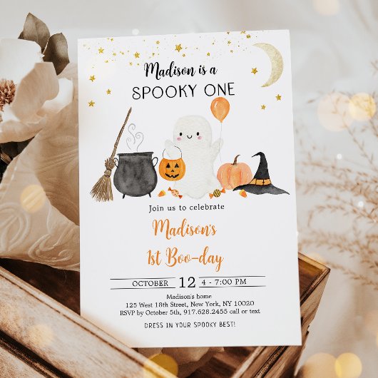 Spooky One Ghost Pumpkin Halloween First Birthday Kaart