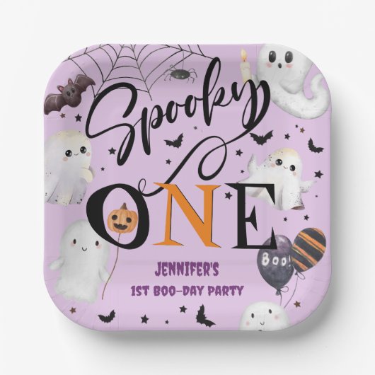 Spooky One Girl Paarse Halloween 1e Verjaardag Papieren Bordje (Voorkant)