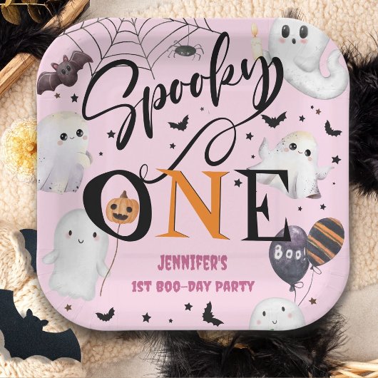 Spooky One Girl Pink Halloween 1e verjaardag Papieren Bordje