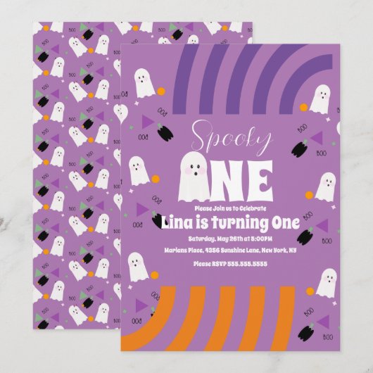 Spooky One Groovy Ghost Halloween Birthday Paars Kaart (Voorkant / Achterkant)