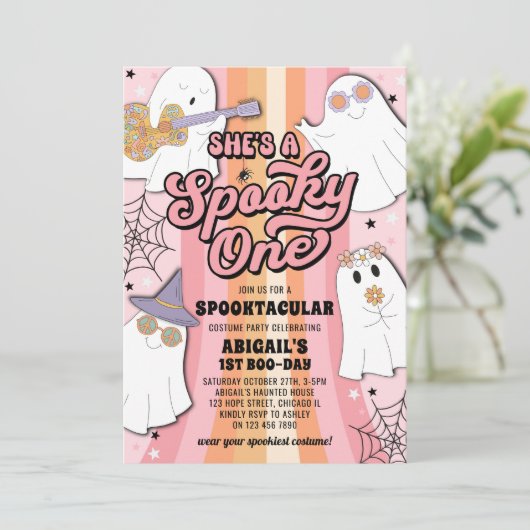 Spooky One Groovy Halloween 1e verjaardagsfeestje Kaart (Staand voorkant)