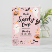 Spooky One Halloween 1st Birthday Girl Pink Ghost Kaart (Staand voorkant)