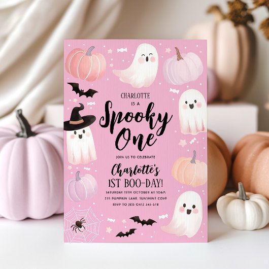 Spooky One Halloween 1st Birthday Girl Pink Ghost Kaart