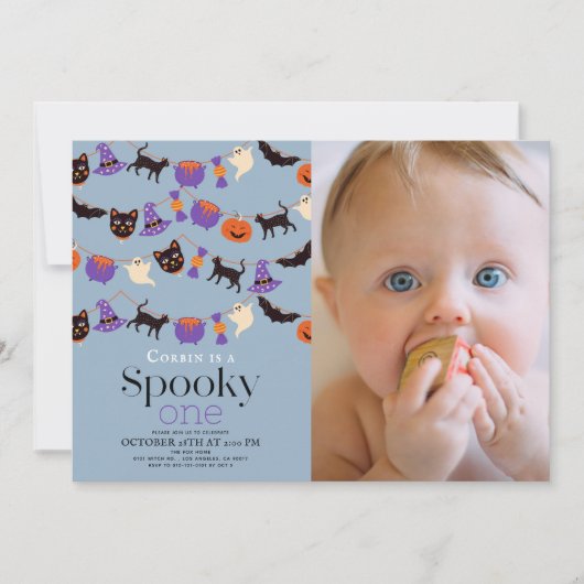 Spooky One Halloween Blauw 1e Verjaardag Foto Kaart (Voorkant)