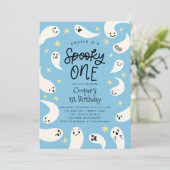 Spooky ONE Halloween Blue Ghost Verjaardag Kaart (Staand voorkant)