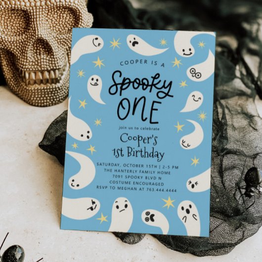 Spooky ONE Halloween Blue Ghost Verjaardag Kaart