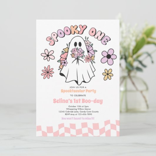 Spooky One Halloween Floral Ghost 1st Birthday Kaart (Staand voorkant)