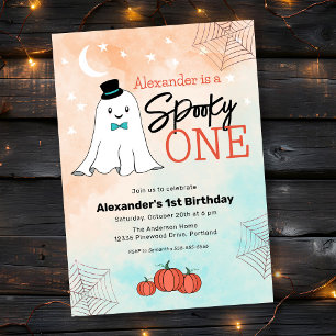 Spooky One Halloween Ghost Boys 1st Birthday Party Kaart