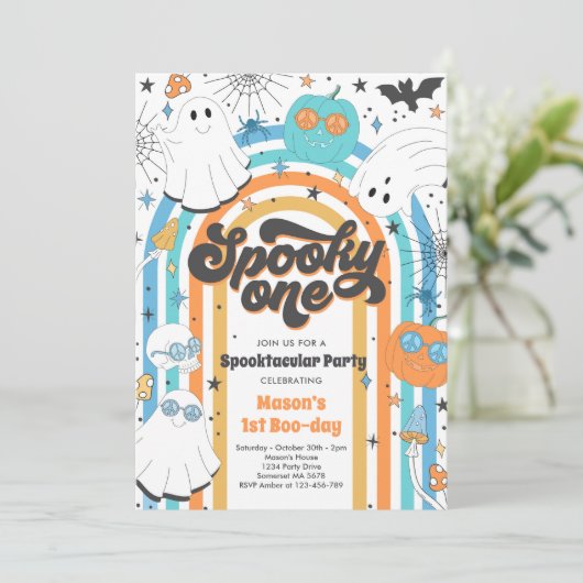 Spooky One Halloween Groovy Ghost 1e verjaardag Kaart (Staand voorkant)