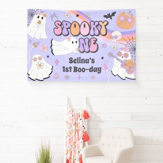 Spooky One Halloween Groovy Ghost 1e verjaardag Spandoek (Insitu)