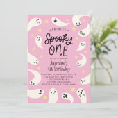 Spooky ONE Halloween Pink Ghost Birthday Kaart (Staand voorkant)
