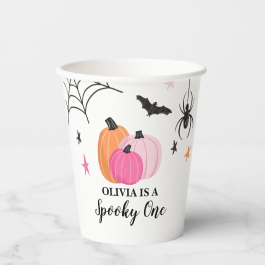 Spooky One Halloween PINK Pumpkins Birthday Papieren Bekers (Voorkant)