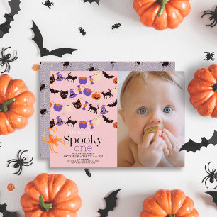 Spooky One Halloween Roze 1e Verjaardag Foto Kaart