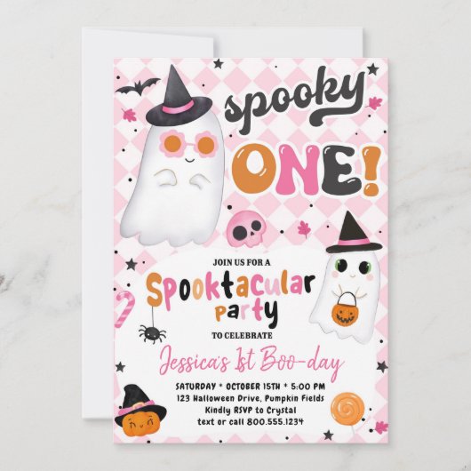 Spooky One Halloween Roze Schattigee Geest 1e Verj Kaart (Voorkant)