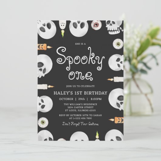 Spooky One Halloween Skulls Kinder 1e Verjaardag Kaart (Staand voorkant)