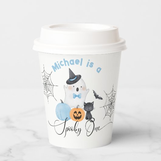 Spooky One Halloween Verjaardag blauw Boo Papieren Bekers (Voorkant)