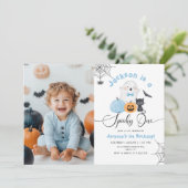 Spooky One Halloween verjaardag blauwe jongen foto Kaart (Staand voorkant)