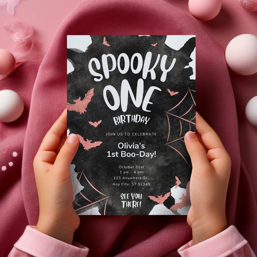 Spooky One Invitation Halloween Verjaardag Roze Vl Kaart