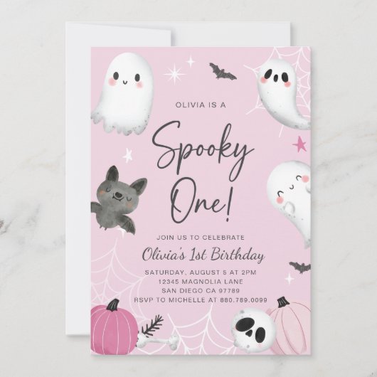 Spooky One Pink Ghost Eerste Verjaardag Uitnodigin Kaart (Voorkant)