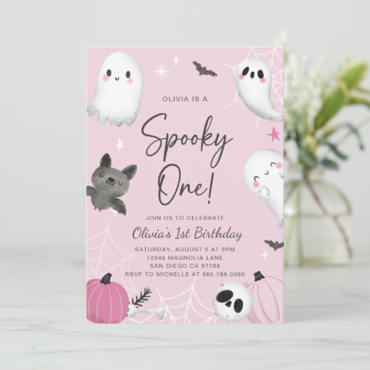 Spooky One Pink Ghost Eerste Verjaardag Uitnodigin Kaart (Staand voorkant)