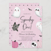 Spooky One Pink Ghost Eerste Verjaardag Uitnodigin Kaart (Voorkant / Achterkant)